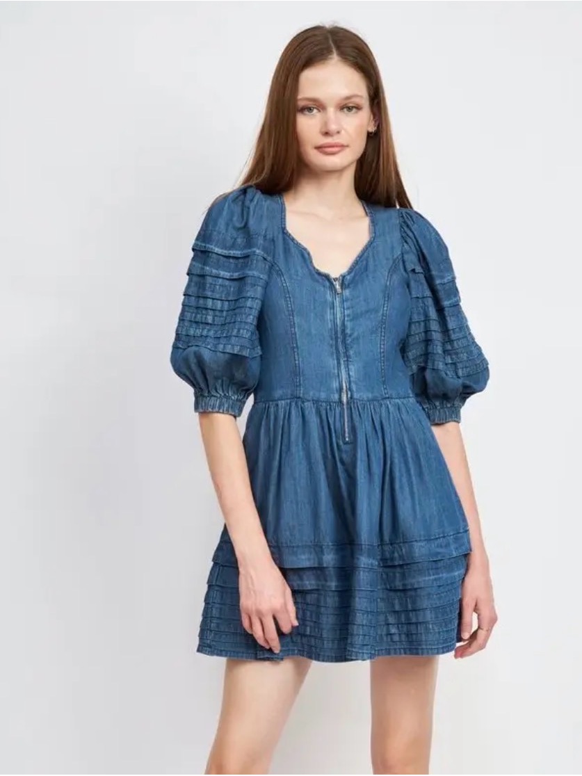 En Saison Nwt Denim Puff-Sleeve Mini Dress